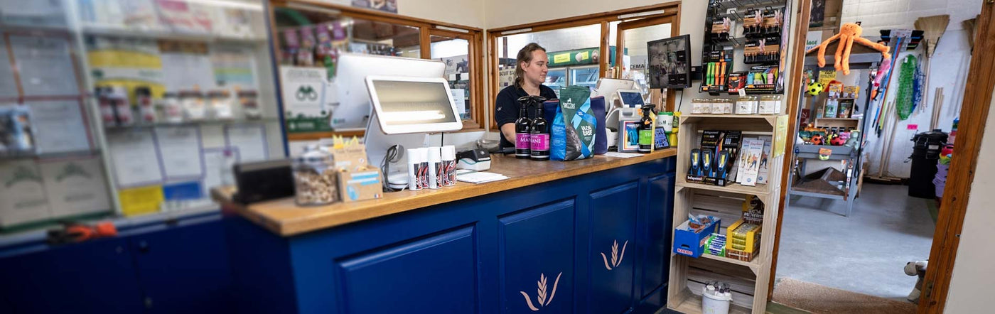Person behind a counter in a store with various products on shelves.