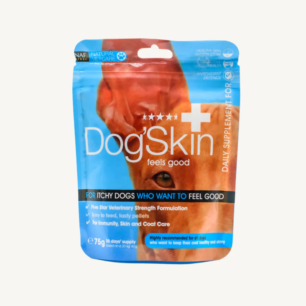 Dog Skin supplement package on a white background
