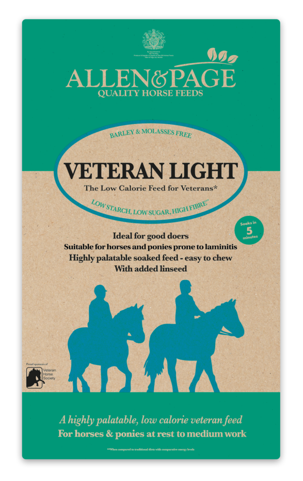 Allen & Page Veteran Light horse feed packaging with green and brown design.