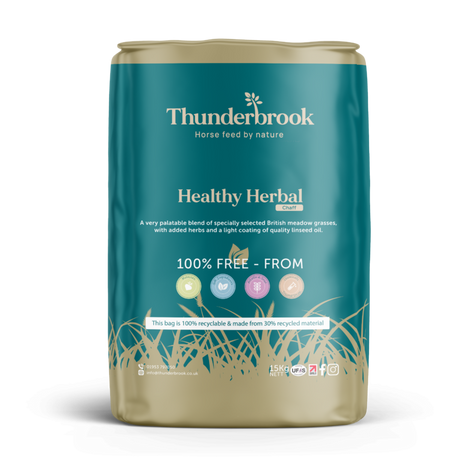 Thunderbrook Healthy Herbal horse feed bag on a white background