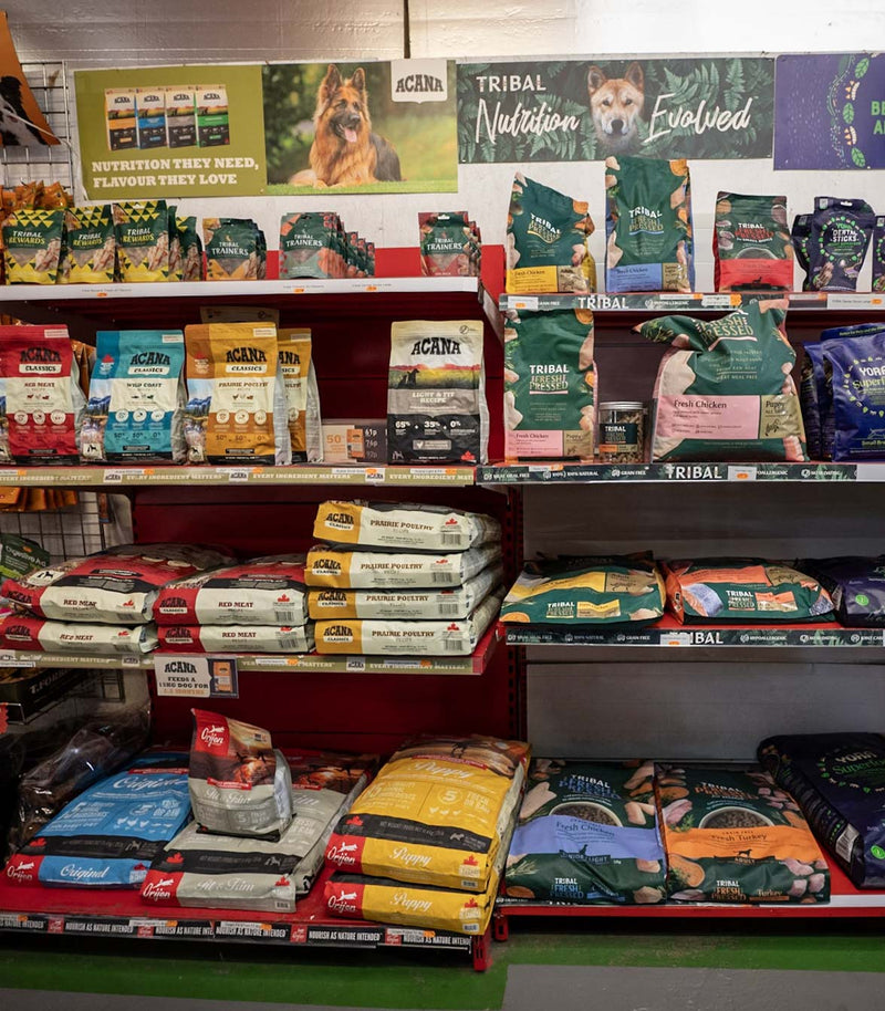 Shelves stocked with various bags of pet food brands in the store